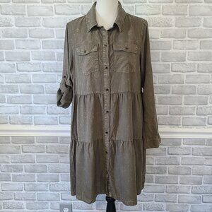 Velvet Heart Tiered Mini Shirt Dress Roll Tab Sleeve Western Casual Boho L